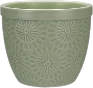 Cachepot decorativo verde em cerâmica com padrão floral, 9x10x10cm
