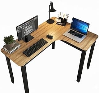 Mesa de canto em L gamer com teclado, mouse e monitor de laptop