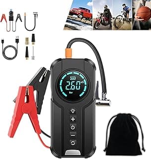Auxiliar de partida preto com bomba compressor e calibrador de ar para pneus, tela digital, pinças vermelhas e bolsa.