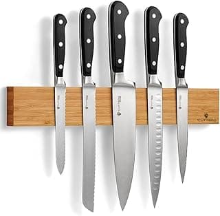 Suporte magnético para facas de bambu com seis facas pretas e prateadas