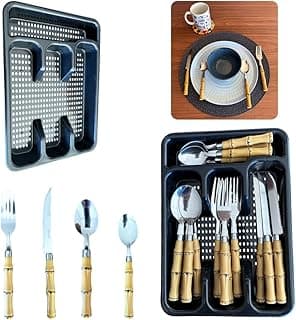 Kit Jogo De Faqueiro E Talheres 17 Peças Aço Inox Com Cabo Plástico Design Bambu Premium -Jogo Talheres Bamboo