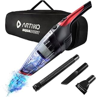 Aspirador de pó portátil Artiko Aquadust Turbo Potente, preto e vermelho, com acessórios.