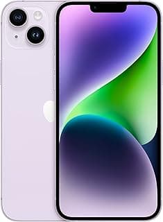 Imagem frontal do Apple iPhone 14 Plus na cor Roxo, mostrando a tela OLED com reflexos multicoloridos.