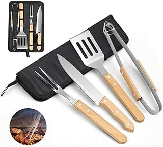 Kit de Churrasco Inox 4 Peças, com Cabo de Madeira, Utensílios Profissionais para Churrasqueiro, Kit Churrasco com Sacos de Tecido