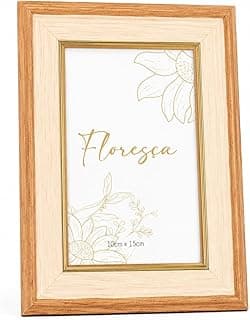 Porta retrato de madeira com moldura de plástico estilo madeira, fundo branco, flor dourada e texto Floresca
