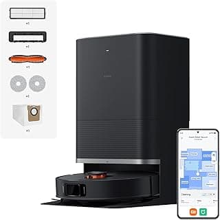 Xiaomi Robot Vacuum X20 MAX com acessórios e smartphone exibindo interface de controle