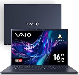 Notebook VAIO FE 16 cinza grafite com tela aberta mostrando sistema Linux