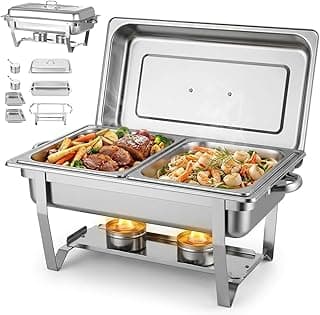 Rechaud Retangular Aço Inox Buffet - Rechaud Duplo Inox 2 Cubas, Capacidade 9L, 2 Fogareiros e Tampa com Pegador, Aquecedores de Alimentos para Festas, Ideal para Buffets, Eventos e Restaurantes