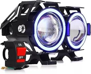 Par de faróis auxiliares LED U11 30w com interruptor liga/desliga, fundo branco, azul e preto.
