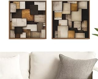 Kit 2 quadros decorativos abstratos geométricos 30x30 cm com moldura dourada em tons neutros e dourados