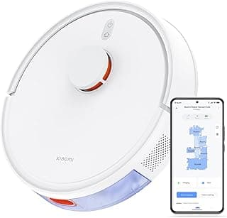 Robô aspirador de pó inteligente Xiaomi S20 branco em fundo branco com smartphone mostrando interface