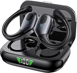 Fones de ouvido esportivos sem fio com display LED, 100% de carga, em base de carregamento, preto e cinza.