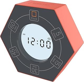 Relógio de produtividade giratório hexagonal com predefinições de 5, 15, 30, 45 e 60 minutos, em laranja e preto.