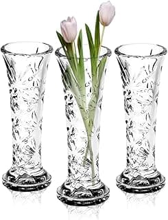 Kit de três vasos de vidro pequenos com decoração floral e tulipa rosa