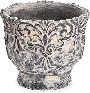 Vaso de planta de cimento cinza com design em relevo, padrão floral intrincado, fundo branco
