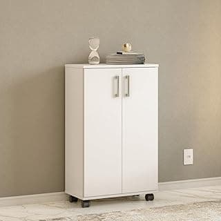 Armário Multiuso com Rodas 96cm 2 Portas Organizador Compacto Lavanderia Cozinha Quarto Móvel com Rodízios MDF(Branco Brilho)