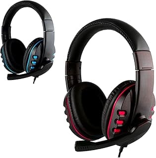Headset gamer com microfone dobrável, preto com detalhes em azul e vermelho, entrada P3, compatível com Xbox One, PS4, PS5 e PC
