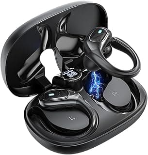 Fone de ouvido Bluetooth esportivo preto com compartimento de carregamento e LEDs indicadores