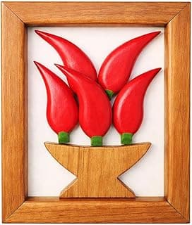 Quadro decorativo artesanal em madeira com pimentas vermelhas, 24 x 20 cm, decoração para cozinha e área gourmet