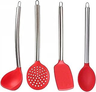 Utensílios de cozinha em silicone vermelho com cabos de metal prateados