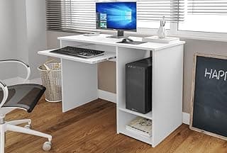 Mesa para computador branca com suporte para teclado e monitor