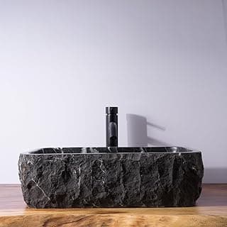 Pia de vaso retangular em mármore natural preto, 50 × 35 x 13 cm, com interior polido e exterior cinzelado.