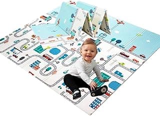 Tapete térmico infantil duplo com ilustrações de estradas e veículos, branco e azul