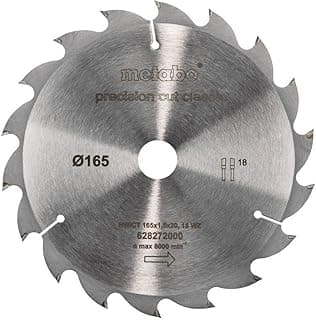 Lâmina de serra circular Metabo 165x20, 18 WZ, fundo branco, diâmetro 165 mm, 20 dentes, design robusto, marca Metabo.