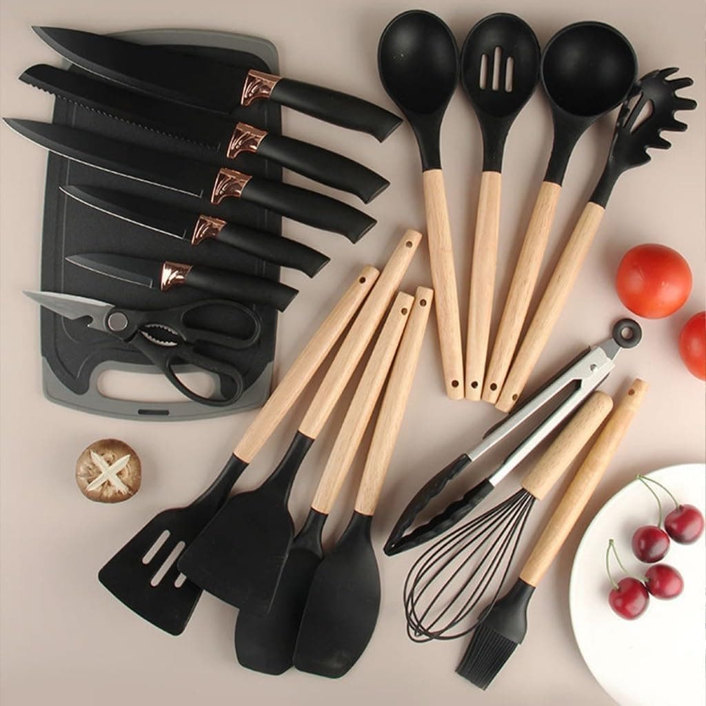 Kit Completo Jogo de Cozinha Luxo 19 Peças Com Tábua em Silicone Cabo Madeira Conjunto Completo Espátula Concha Colher Jogo Suporte Faca Antiaderente Tabua Tesoura Faqueiro PREMIUM (Cinza)