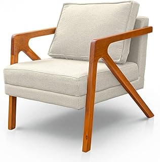 Poltrona de sala em madeira maciça estofada em linho bege para decoração moderna rústica