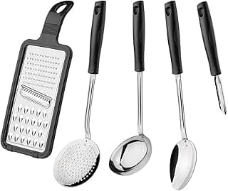 Jogo de utensílios de cozinha inox com 5 peças, alças pretas, fundo branco