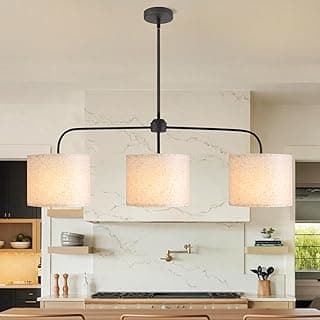 Luminária pendente linear preta de 3 luzes com sombras de tecido branco para cozinha moderna