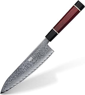 Faca de chef japonesa de 20 cm com lâmina de aço damasco premium e cabo preto e vermelho