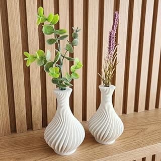 Kit de 2 vasos decorativos brancos com plantas verdes e flor roxa