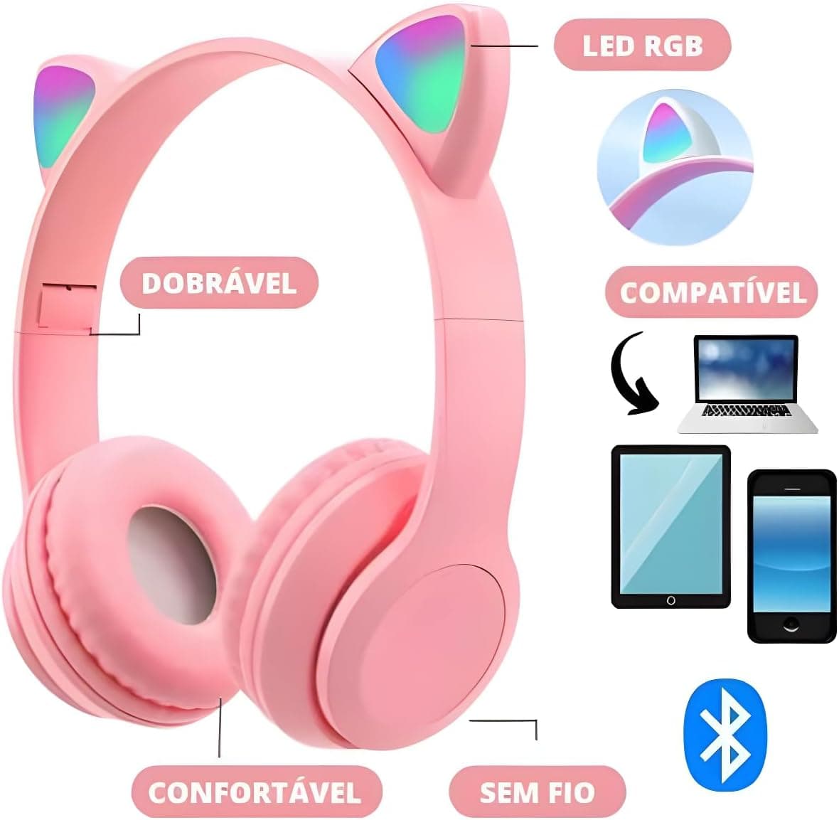 Fone de Ouvido Bluetooth Gatinho com LED Colorido, Headset Bluetooth Orelhas de Gato com Luz LED, Fones de Ouvido Wireless Cartão de Memória, Cabo P2, Bateria de 400mAh (Rosa) (Verde)