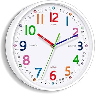 Relógio de parede infantil: relógios de parede para ensino de horas silenciosos sem tique-taque operado por bateria, relógio moderno rústico de fazenda decorativo para cozinha sala de estar quarto (20