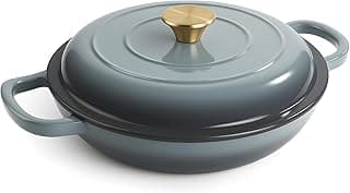 Frigideira de ferro fundido esmaltado de 3 litros com tampa, cor azul-acinzentada, antiaderente