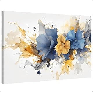 Quadro decorativo em canvas com flores abstratas em azul e dourado para decoração de parede