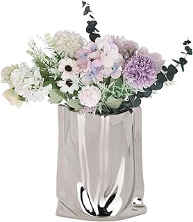 Vaso grande de cerâmica prata com flores coloridas, decoração de casa