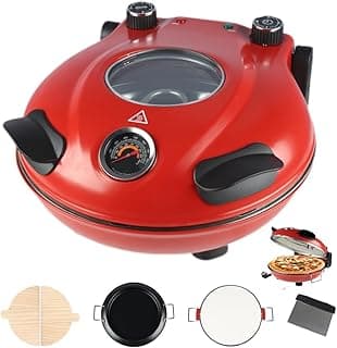 Forno de pizza vermelho com acessórios, controle de temperatura, ângulo frontal