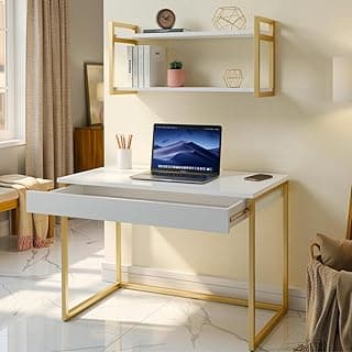 Kit Mesa Home Office Escrivaninha Industrial com Gaveta e Prateleira 100% MDF Premium Branco e Aço Dourado