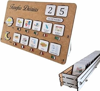 Quadro lúdico infantil para tarefas diárias com ilustrações e compartimento para cartas
