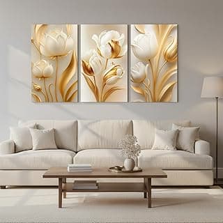 Kit de 3 quadros decorativos florais brancos e dourados para decoração de parede.