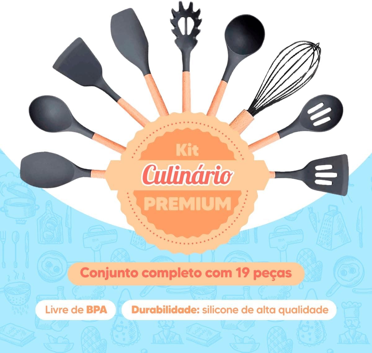 Utensilios para Cozinha Silicone Kit com 19 Peças Cabo Madeira Conjunto Completo Espátula Concha Colher Jogo Suporte Faca Antiaderente Tabua Tesoura Faqueiro (VERDE 02)