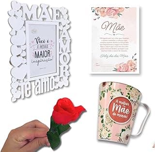 Presente Dia das Mães com caneca, porta retrato e flor rosa