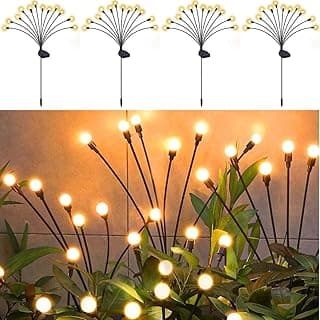 Quatro luminárias solares em formato de vaga-lume com 10 lâmpadas LED cada, acesas em um jardim.