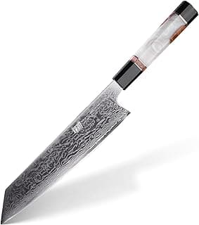 Faca Kiritsuke japonesa de 23 cm com lâmina de damasco e cabo preto e branco