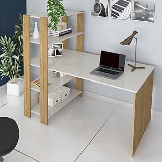 Escrivaninha 120cm com Estante 5 Prateleiras Match Artely Off white/Carvalho