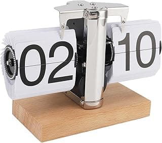 Relógio de mesa flip digital estilo retrô, números 02 e 10, base de madeira, fundo branco