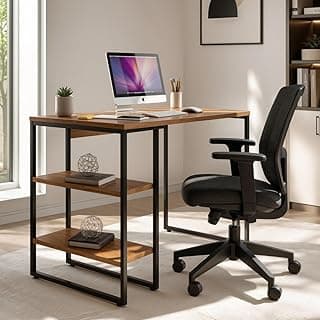 Mesa Escrivaninha Estilo Industrial com Prateleiras 100x50cm Escritório Moderno 100% MDF Premium Freijó e Aço Cor Preto